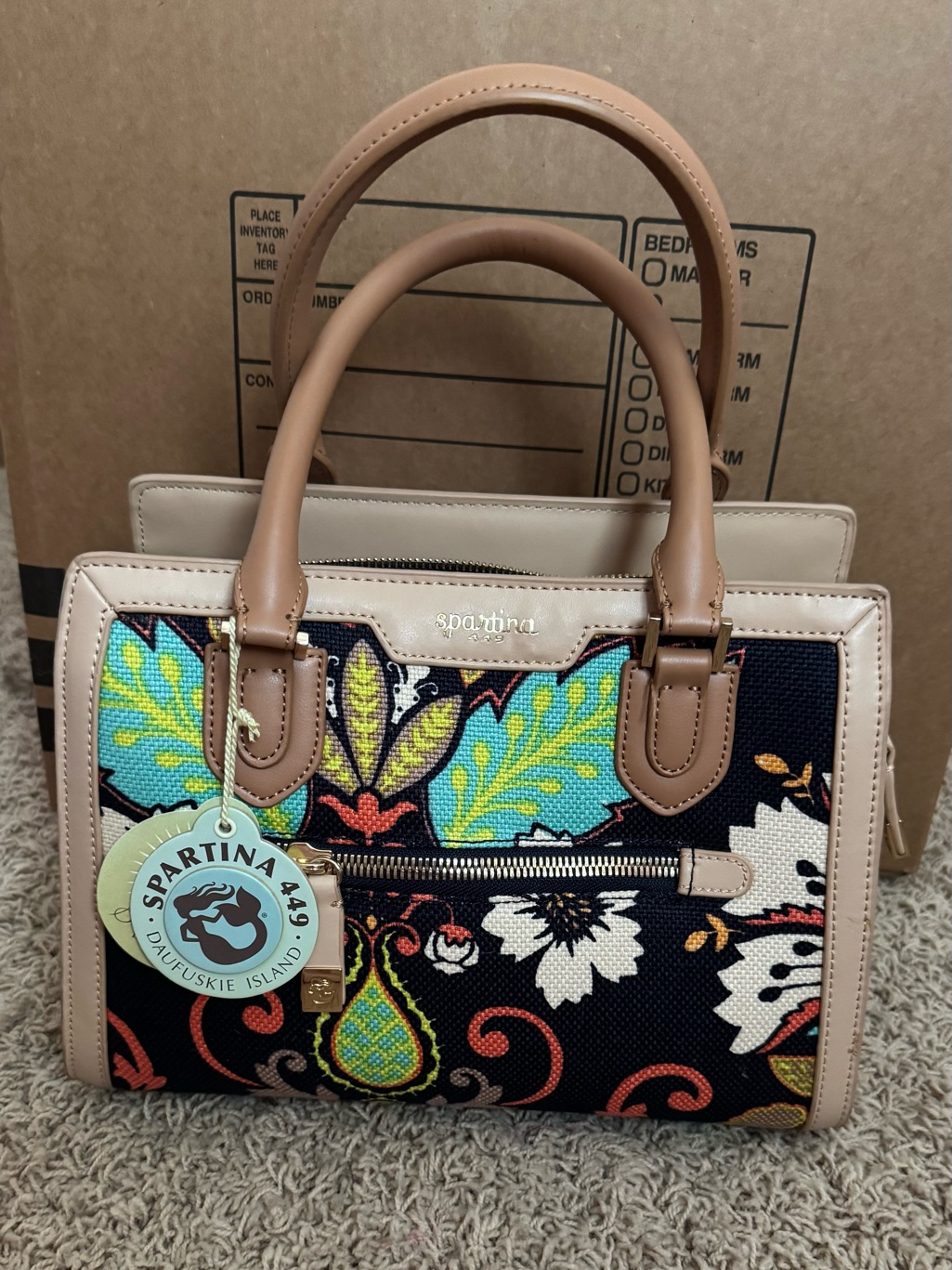 Spartina 449 Black Multicolor Floral Satchel With Tan Trim